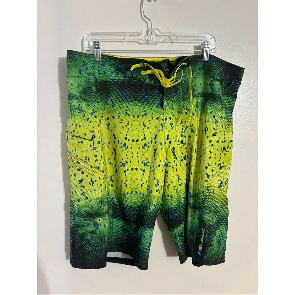 Pelagic Sharkskin Psycho Dorado Green Swimming Fishing Board Shorts Men's 36
